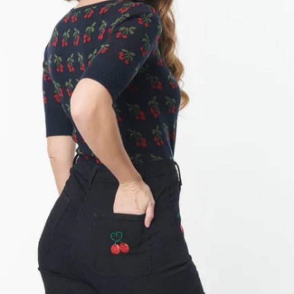 Collectif Dark Blue Becca Cherry Jeans - Picture 2 of 3